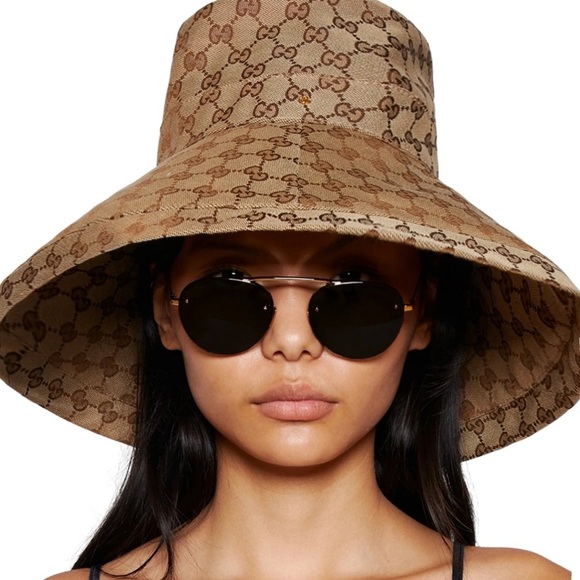 Gucci GG Monogram Bucket Hat Wide Large Brim Beige Canvas Jacquard Sun Coverage - Picture 8 of 16